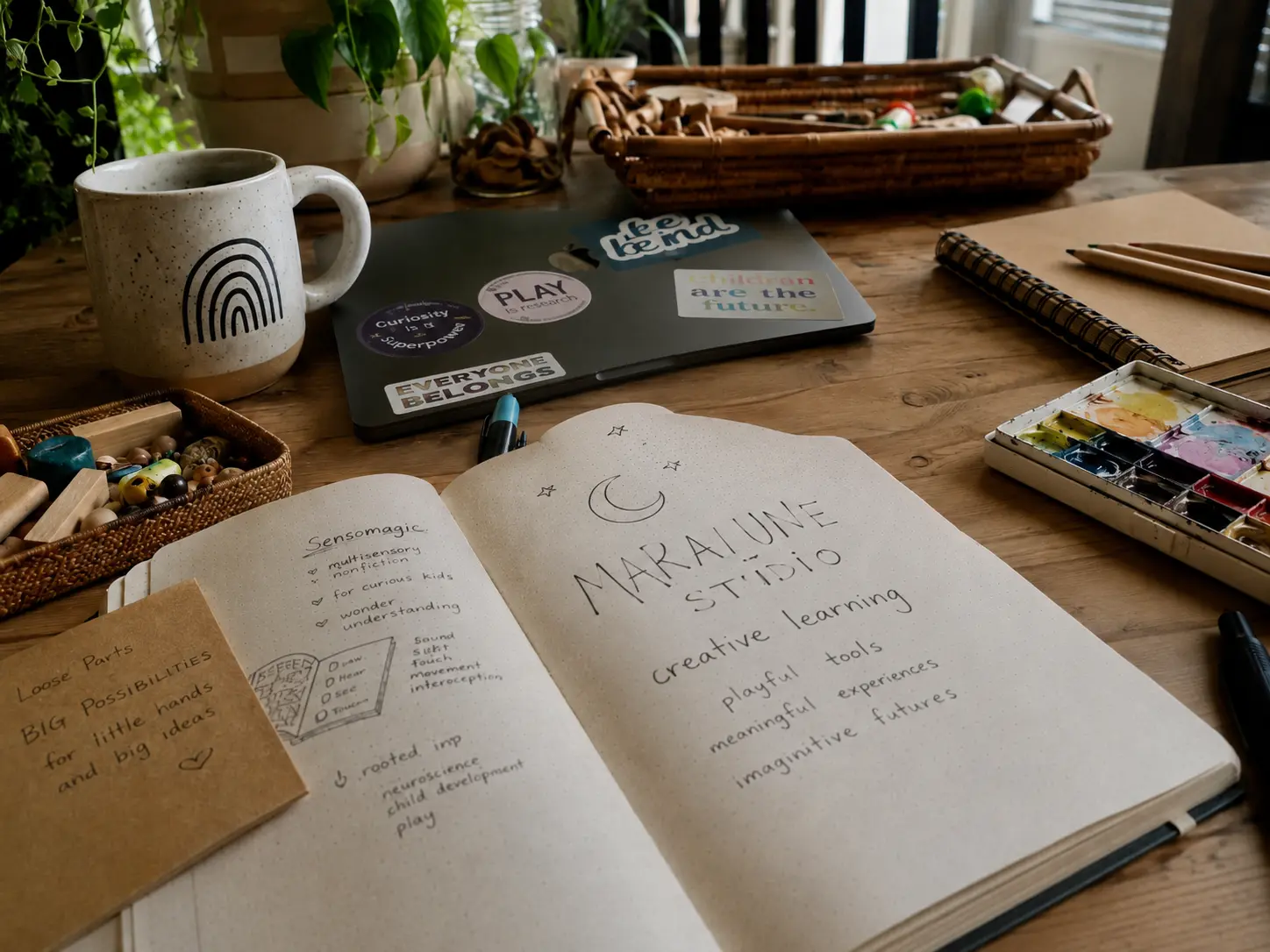 A sunlit wooden studio table with an open notebook hand-lettered Maralune Studio, creative learning; a speckled rainbow mug, watercolor palette, colored pencils and a basket of wooden loose parts